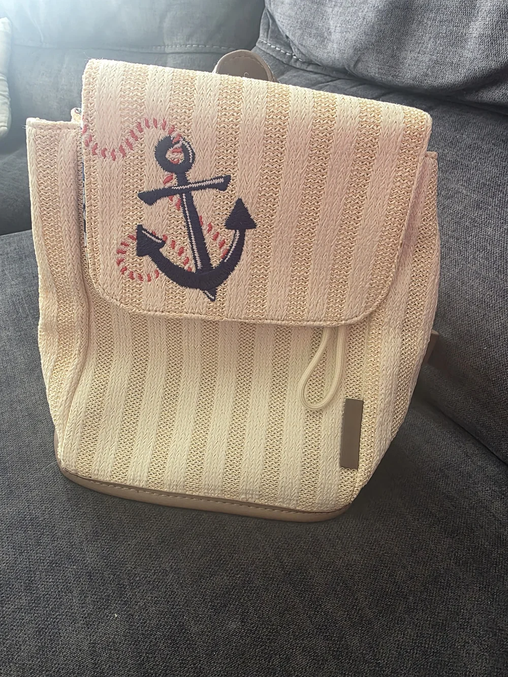 Vera Bradley Straw-Textured Mini Beige Backpack with Navy Anchor Embroidery